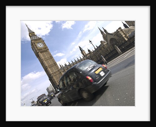 Taxi on road with big ben in background, London by Assaf Frank